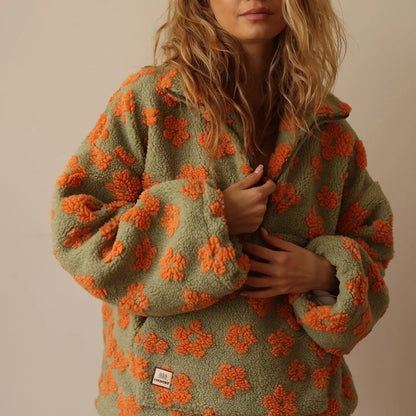 Women’s Floral Print Stand Collar Quarter-Zip Sweater