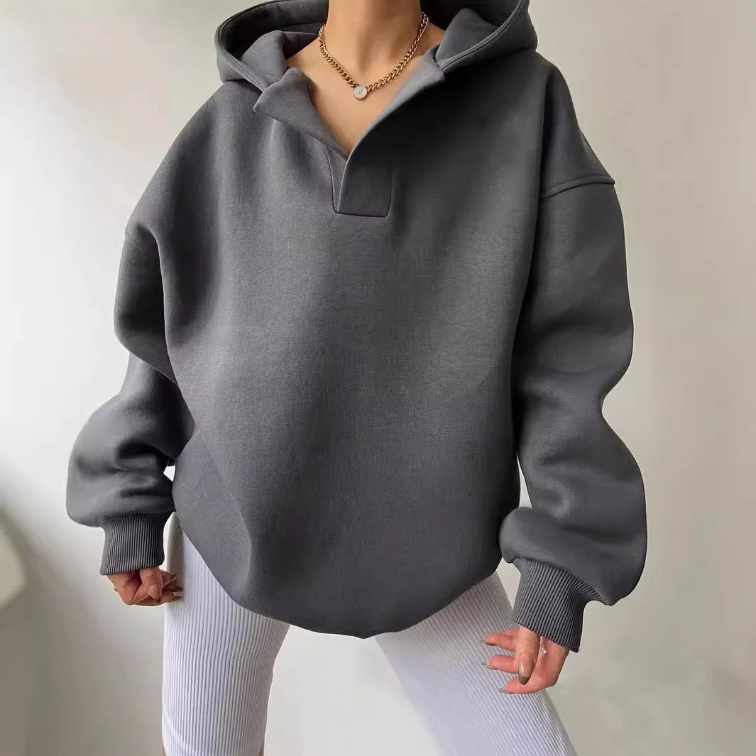Women’s Oversized Collared V-Neck Pullover Hoodie with Ribbed Trim