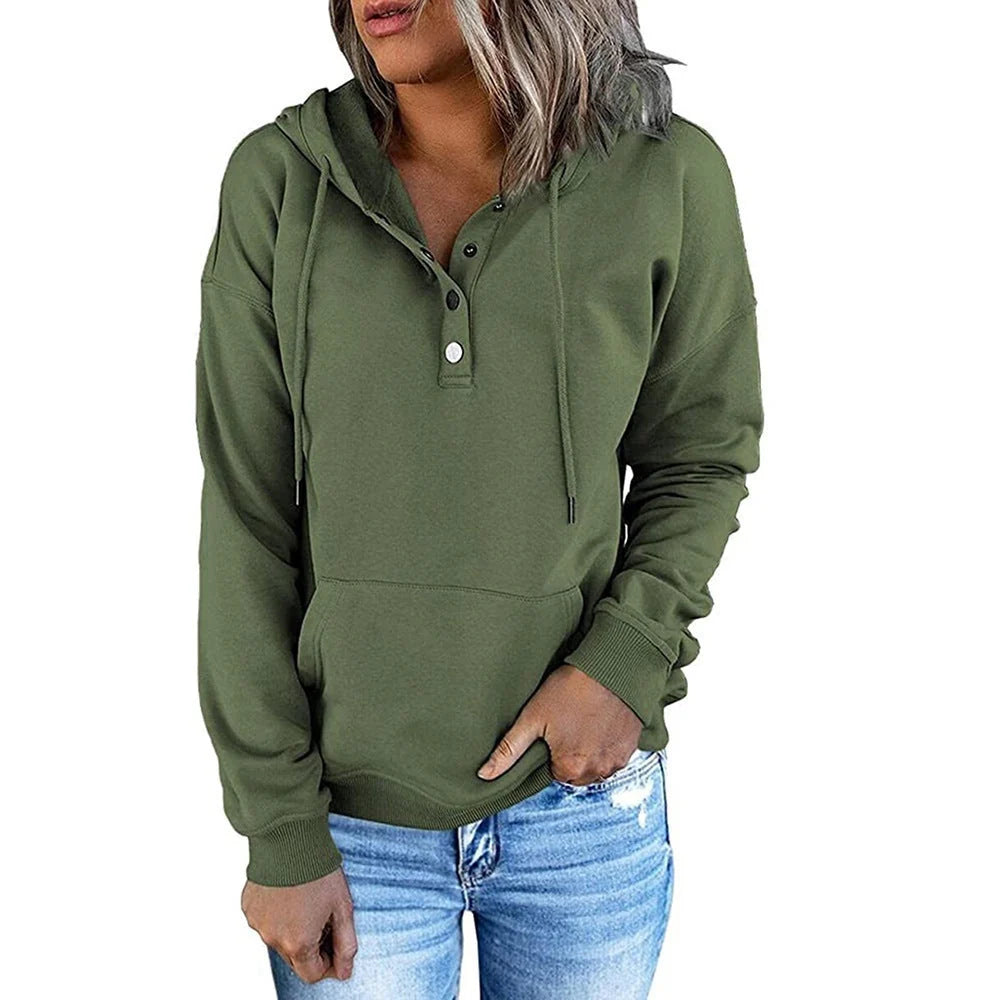 Women’s Relaxed Button-Placket Hooded Pullover with Kangaroo Pocket