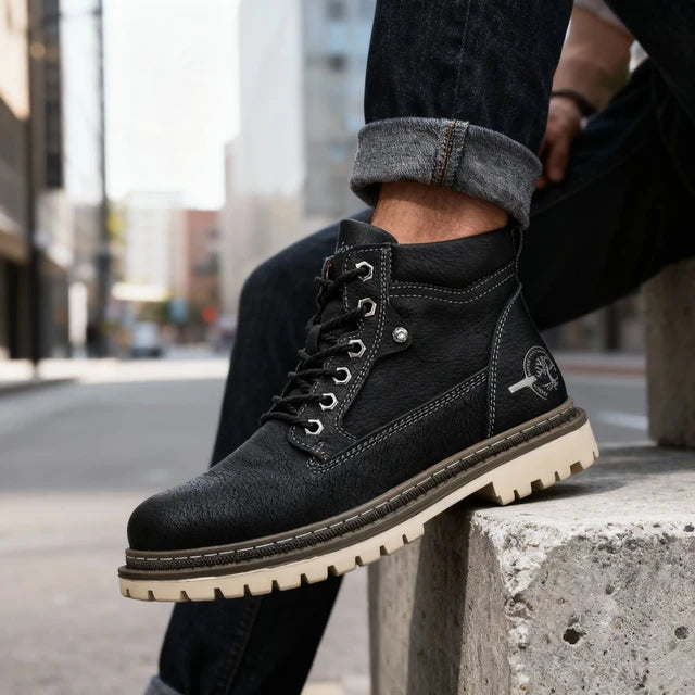 Men’s Faux-Leather Ankle Work Boots with Lug Sole