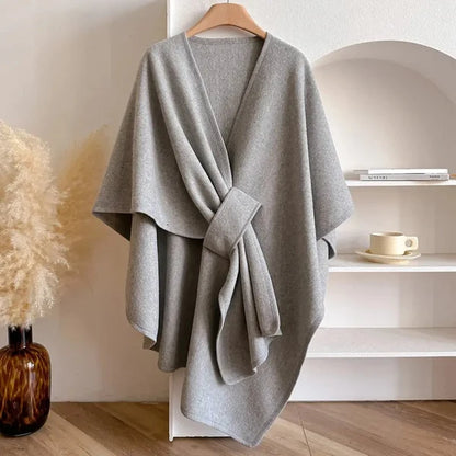Women’s Windproof Belted Cape Coat with Draped Silhouette