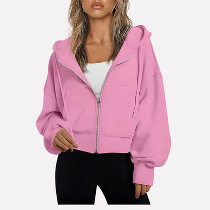 Women’s Cropped Zip-Up Hooded Jacket with Drawstring Detail