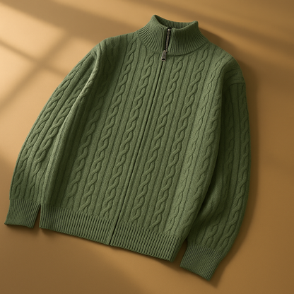 Men’s Textured Knit Two-Way Zip High-Collar Cardigan