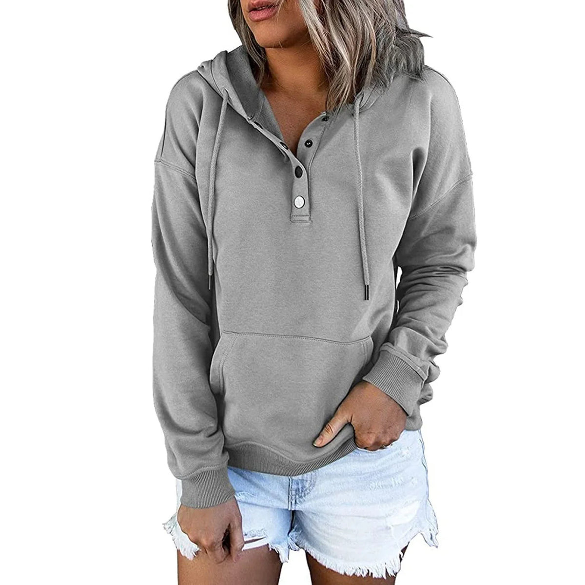 Women’s Relaxed Button-Placket Hooded Pullover with Kangaroo Pocket