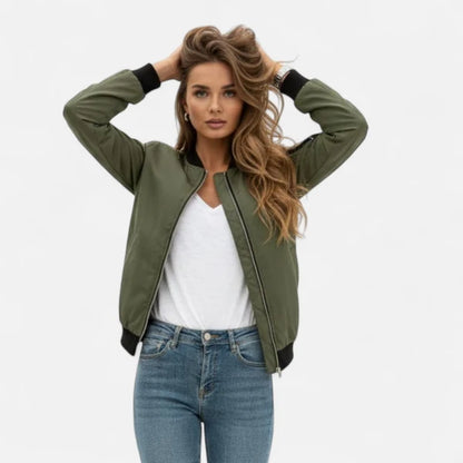 Women’s Minimalist Zip-Front Bomber Jacket with Round Neck