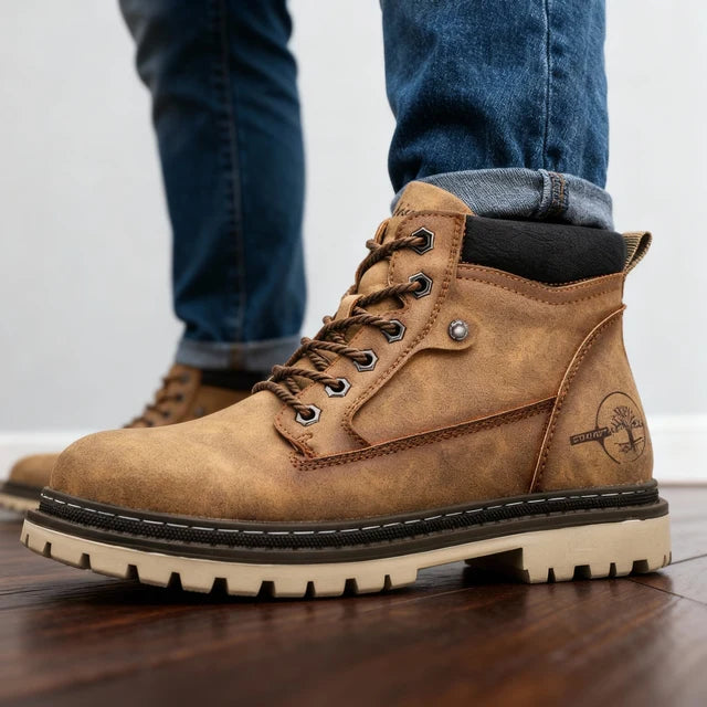 Men’s Faux-Leather Ankle Work Boots with Lug Sole