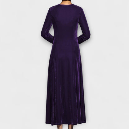 Women's Velvet A-Line Dress with Long Sleeves and Scoop Neck