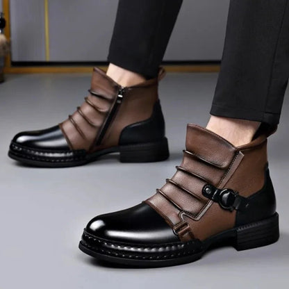 Men’s Leather Ankle Boots with Layered Fold and Buckle Detail