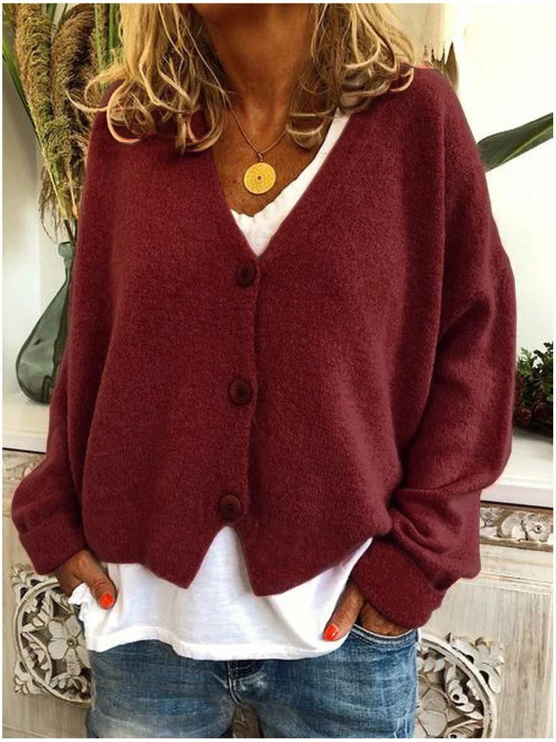 Women’s Cropped V-Neck Smooth Knit Button Cardigan