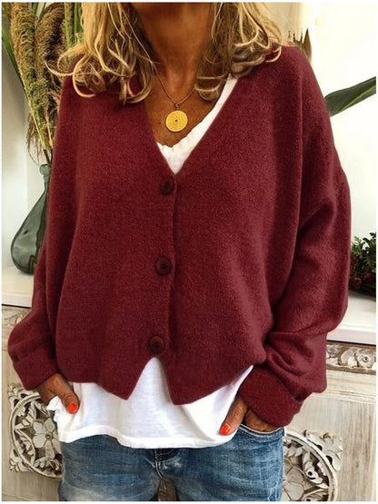 Women’s Cropped V-Neck Smooth Knit Button Cardigan