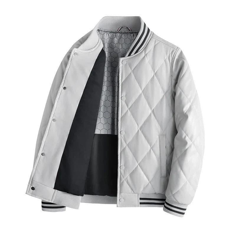 Men’s Quilted Leather Snap-Front Bomber Jacket