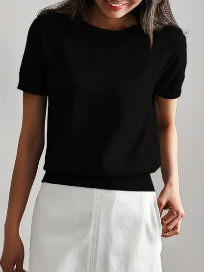 Women’s Lightweight Short-Sleeve Crew Neck Knit Top with Ribbed Trim
