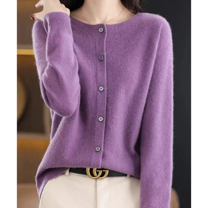 Women’s Merino Wool Cashmere Blend O-Neck Button Cardigan