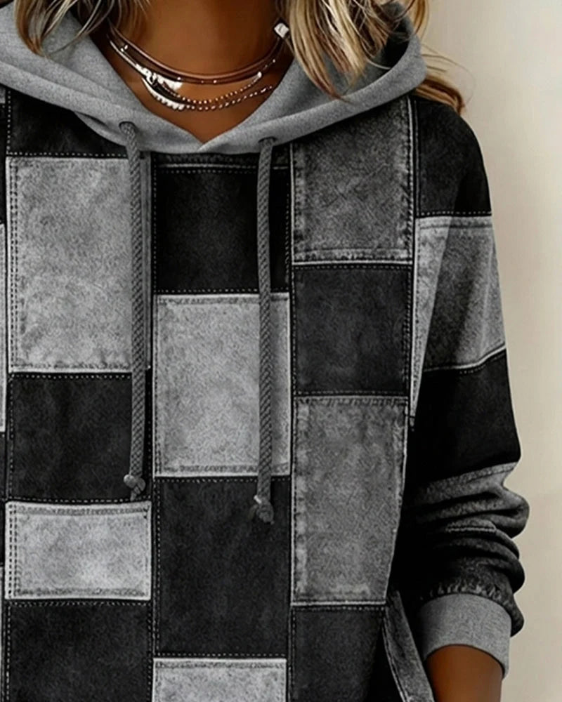 Women’s Checkered Patchwork Print Pullover Hoodie with Drawstring Hood