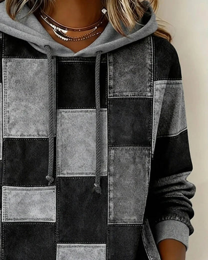 Women’s Checkered Patchwork Print Pullover Hoodie with Drawstring Hood