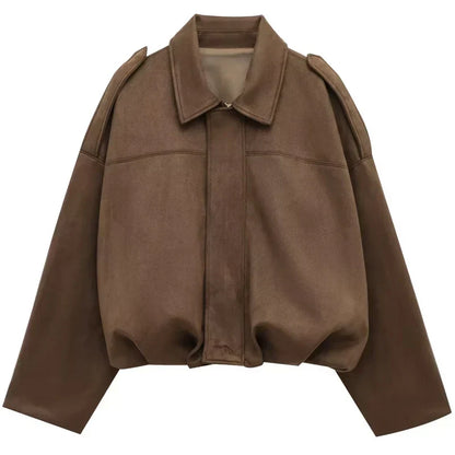 Women’s Oversized Cropped Bomber Jacket with Structured Collar and Zip Front