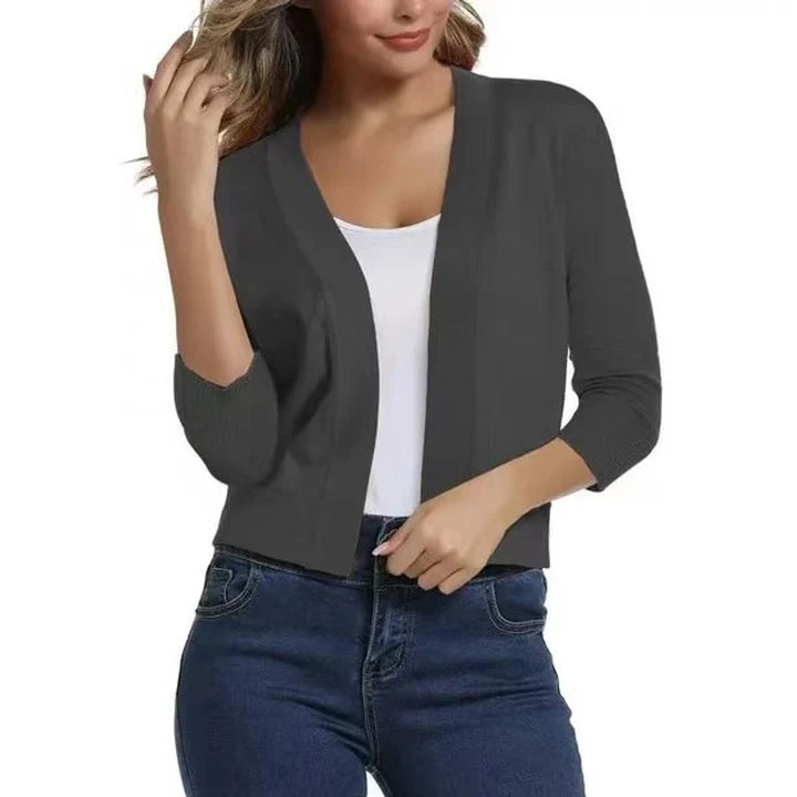 Women’s Cropped Open-Front Cardigan with Relaxed Fit and 3/4 Sleeves