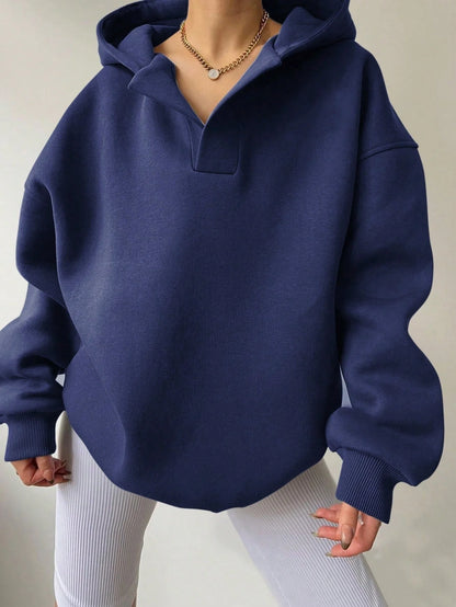 Women’s Oversized Collared V-Neck Pullover Hoodie with Ribbed Trim