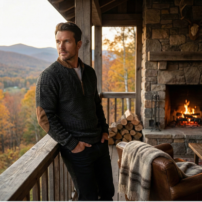 Men’s Textured Half-Zip Knit Sweater with Elbow Patches