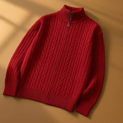 Men’s Textured Knit Two-Way Zip High-Collar Cardigan