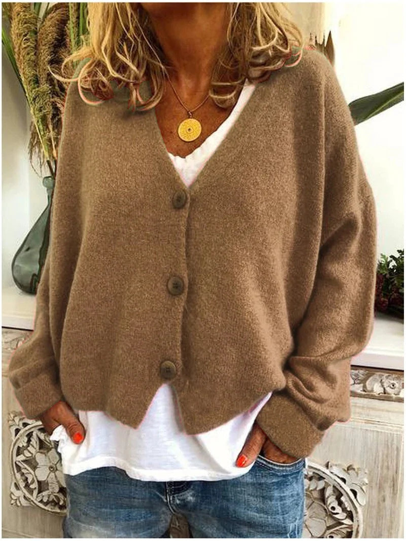 Women’s Cropped V-Neck Smooth Knit Button Cardigan