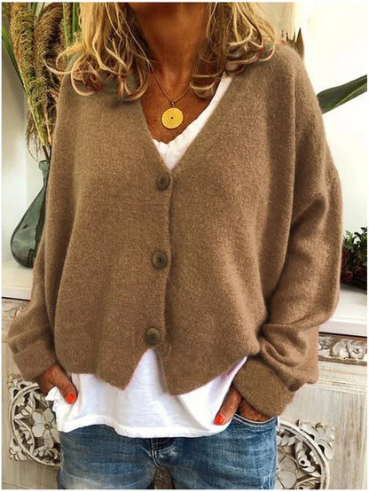Women’s Cropped V-Neck Smooth Knit Button Cardigan