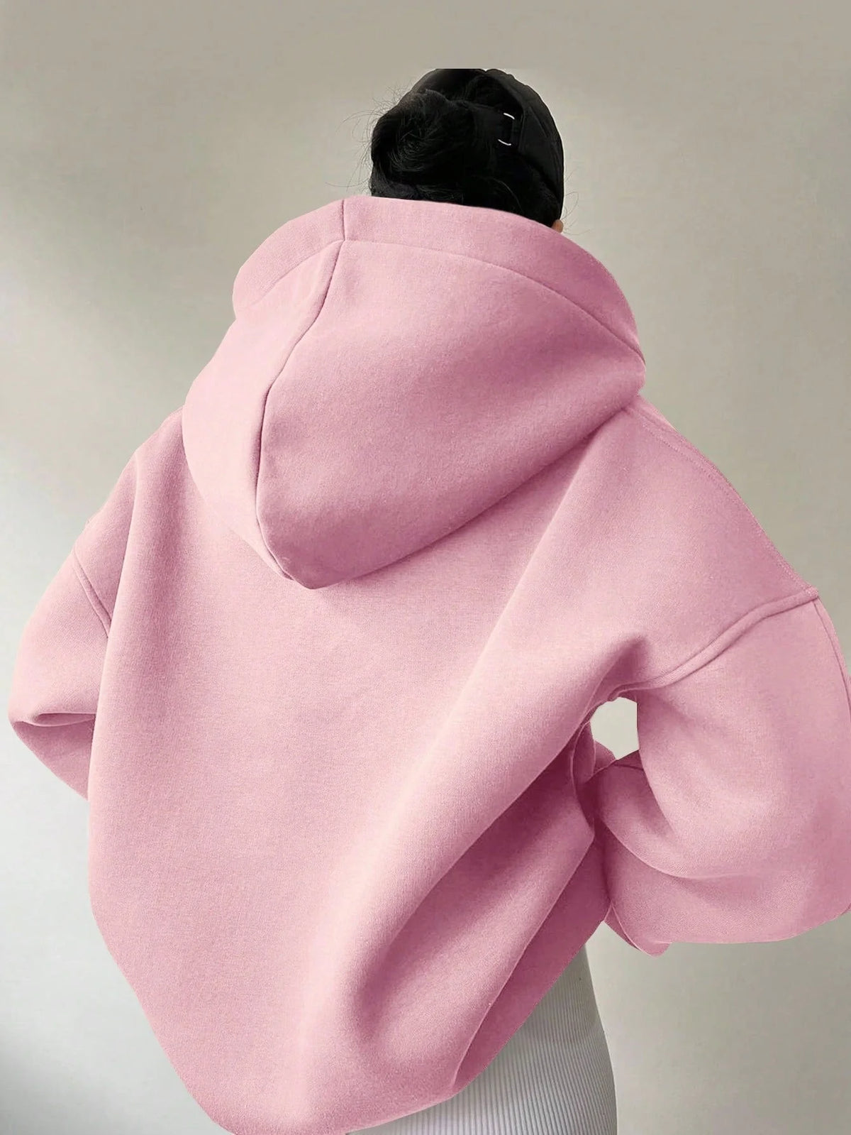 Women’s Oversized Collared V-Neck Pullover Hoodie with Ribbed Trim
