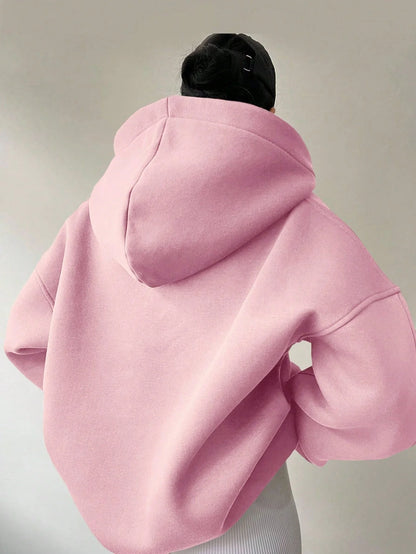 Women’s Oversized Collared V-Neck Pullover Hoodie with Ribbed Trim