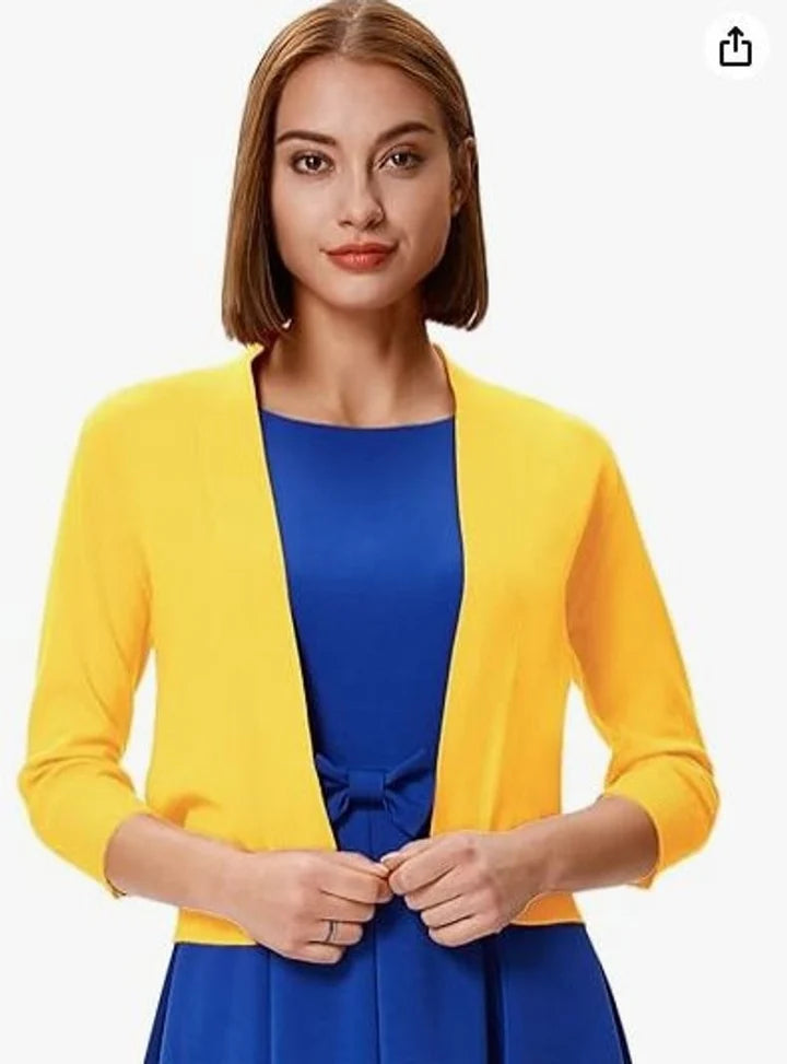 Women’s Cropped Open-Front Cardigan with Relaxed Fit and 3/4 Sleeves