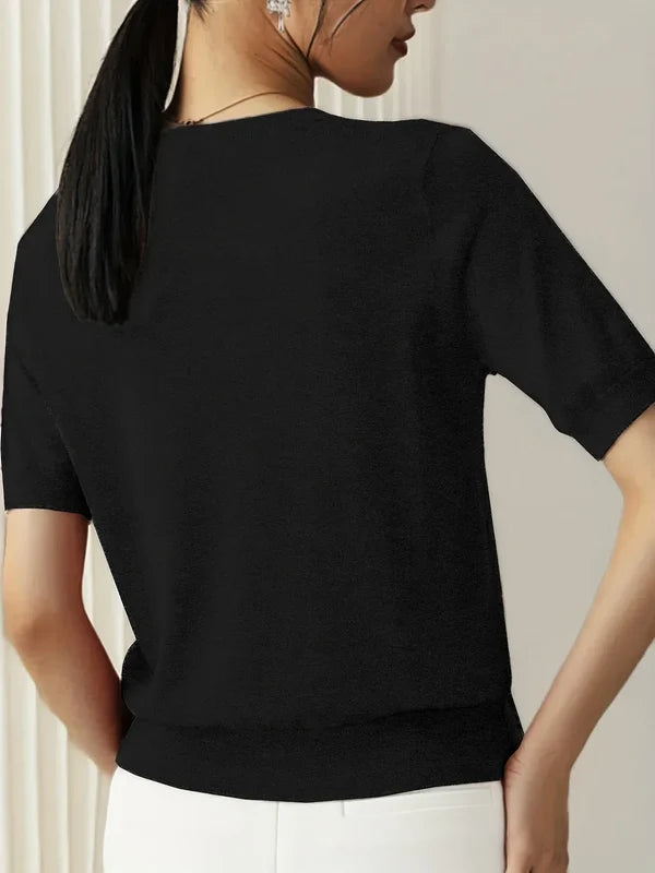 Women’s Lightweight Short-Sleeve Crew Neck Knit Top with Ribbed Trim