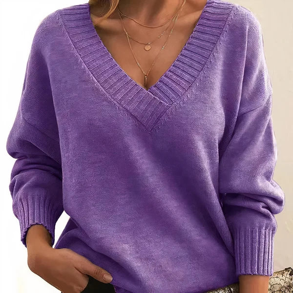 Women’s Cashmere Deep V-Neck Relaxed Sweater with Balloon Sleeves