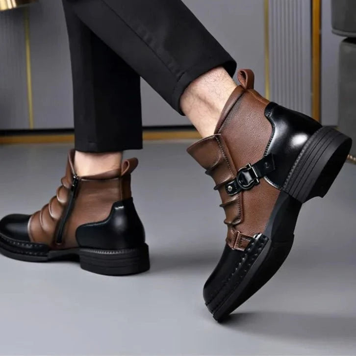 Men’s Leather Ankle Boots with Layered Fold and Buckle Detail