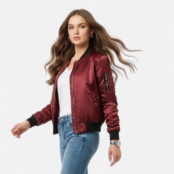 Women’s Minimalist Zip-Front Bomber Jacket with Round Neck