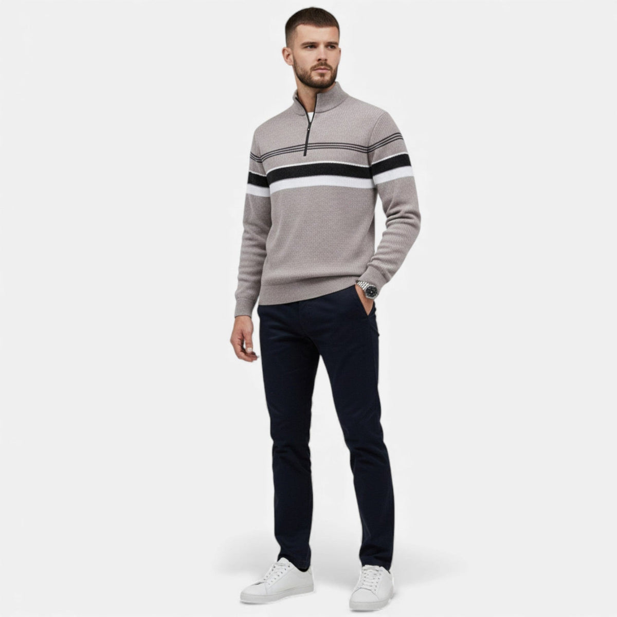 Men’s Striped Half-Zip Stand Collar Knit Sweater