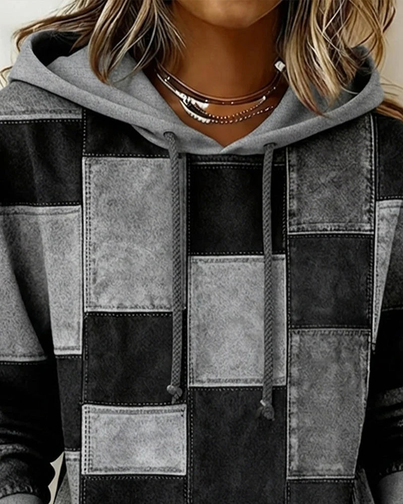 Women’s Checkered Patchwork Print Pullover Hoodie with Drawstring Hood