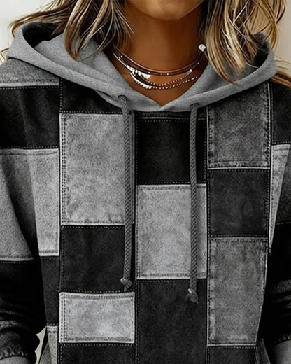 Women’s Checkered Patchwork Print Pullover Hoodie with Drawstring Hood