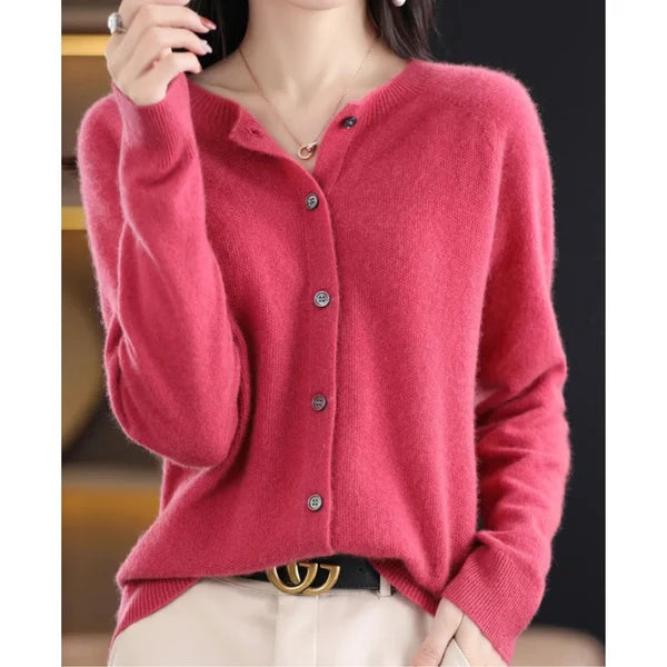 Women’s Merino Wool Cashmere Blend O-Neck Button Cardigan