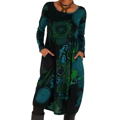 Women's Printed Relaxed-Fit Midi Dress with Long Sleeves and Side Pockets