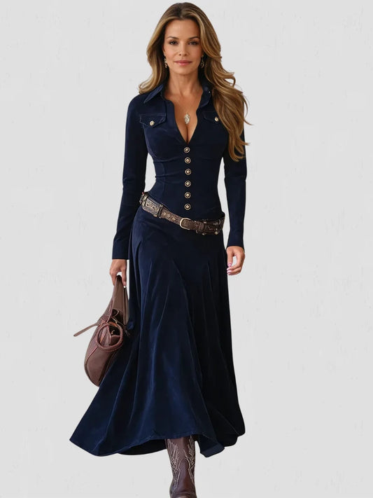 Women's Long Sleeve Velvet-Touch Button-Front Maxi Dress