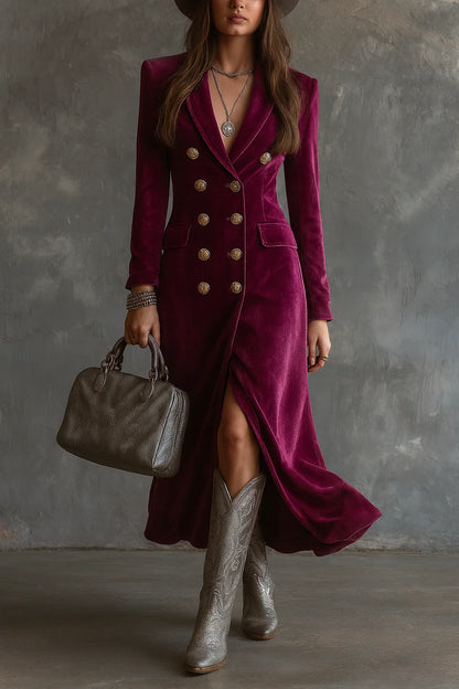 Women's Long Velvet Blazer Dress with Double-Button Front