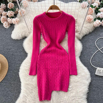 Women's Textured Cable Knit Bodycon Dress with Long Sleeves