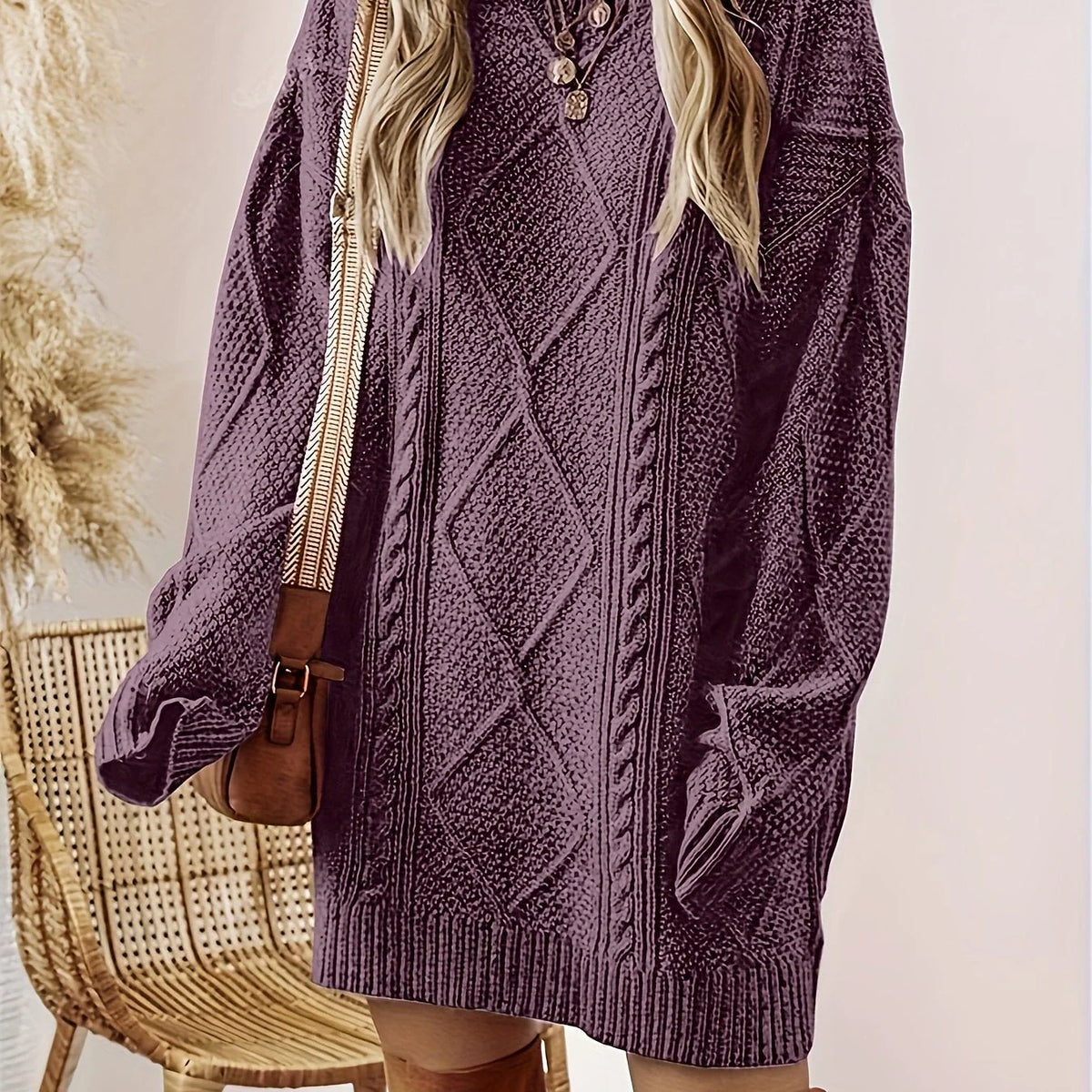 Women's Cable-Knit Sweater Dress with Classic Crew Neck