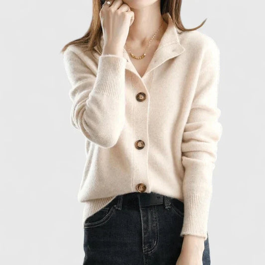 Women’s Relaxed Collared Knit Button-Front Cardigan with Long Sleeves