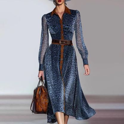 Women's Leopard Print Midi Dress with Belt and Sheer Sleeves