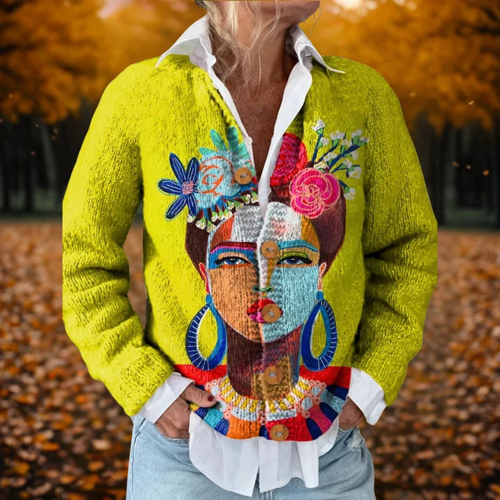 Women’s Artistic Portrait Print Textured Knit Button-Front Cardigan