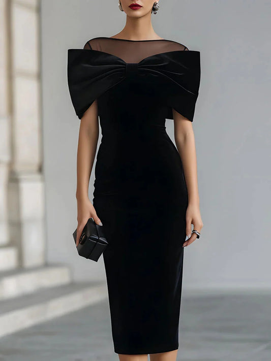Women's Black Velvet Midi Dress with Sheer Boat Neck and Statement Bow