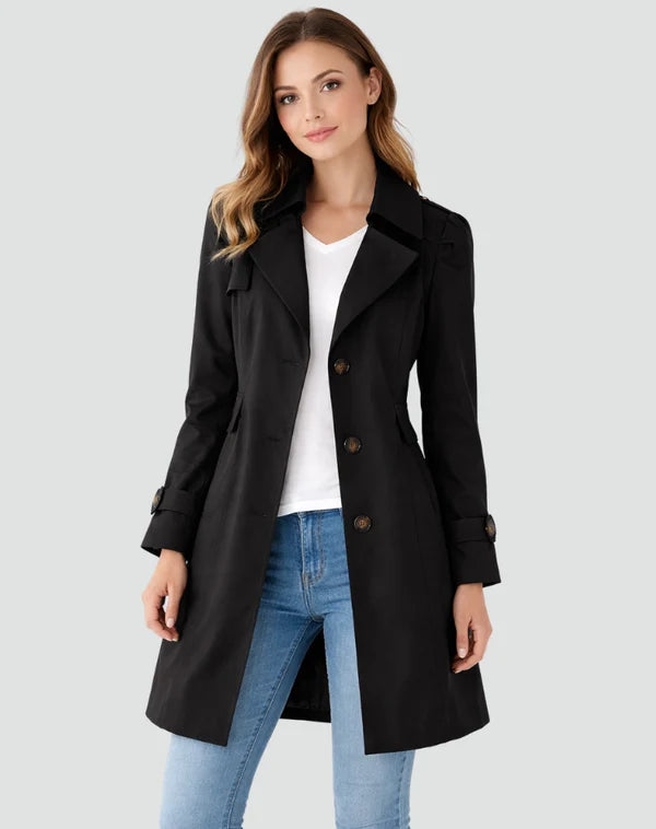 Women’s Mid-Length Tailored Trench Coat with Classic Lapels