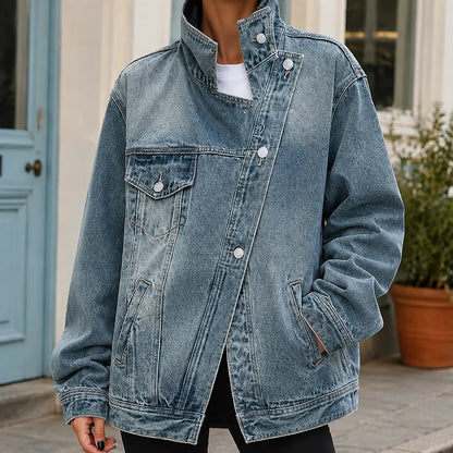 Women’s Oversized Washed Denim Jacket with Funnel Collar