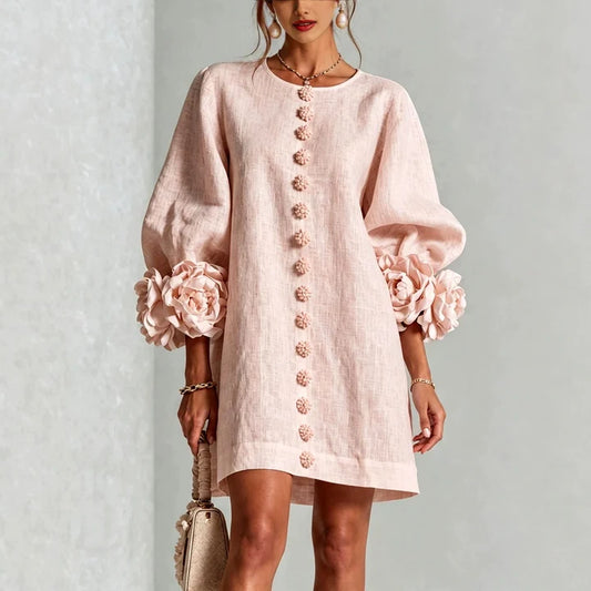 Women's Floral Appliqué Mini Dress with Puff Sleeves
