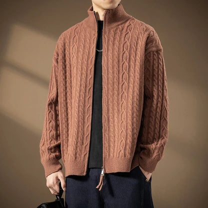 Men’s Textured Knit Two-Way Zip High-Collar Cardigan